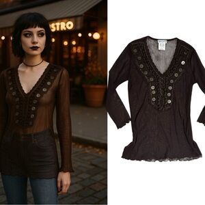 French Occo Paris VTG Y2k Brown Sheer Mesh Boho Festival Top Fringe Blouse M